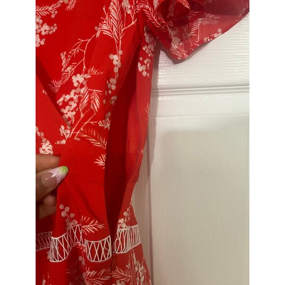 Karen Millen US 6 Ruffle Floral Fit-and-Flare Dress Tiered Lattice Red Vacation - Picture 10 of 11